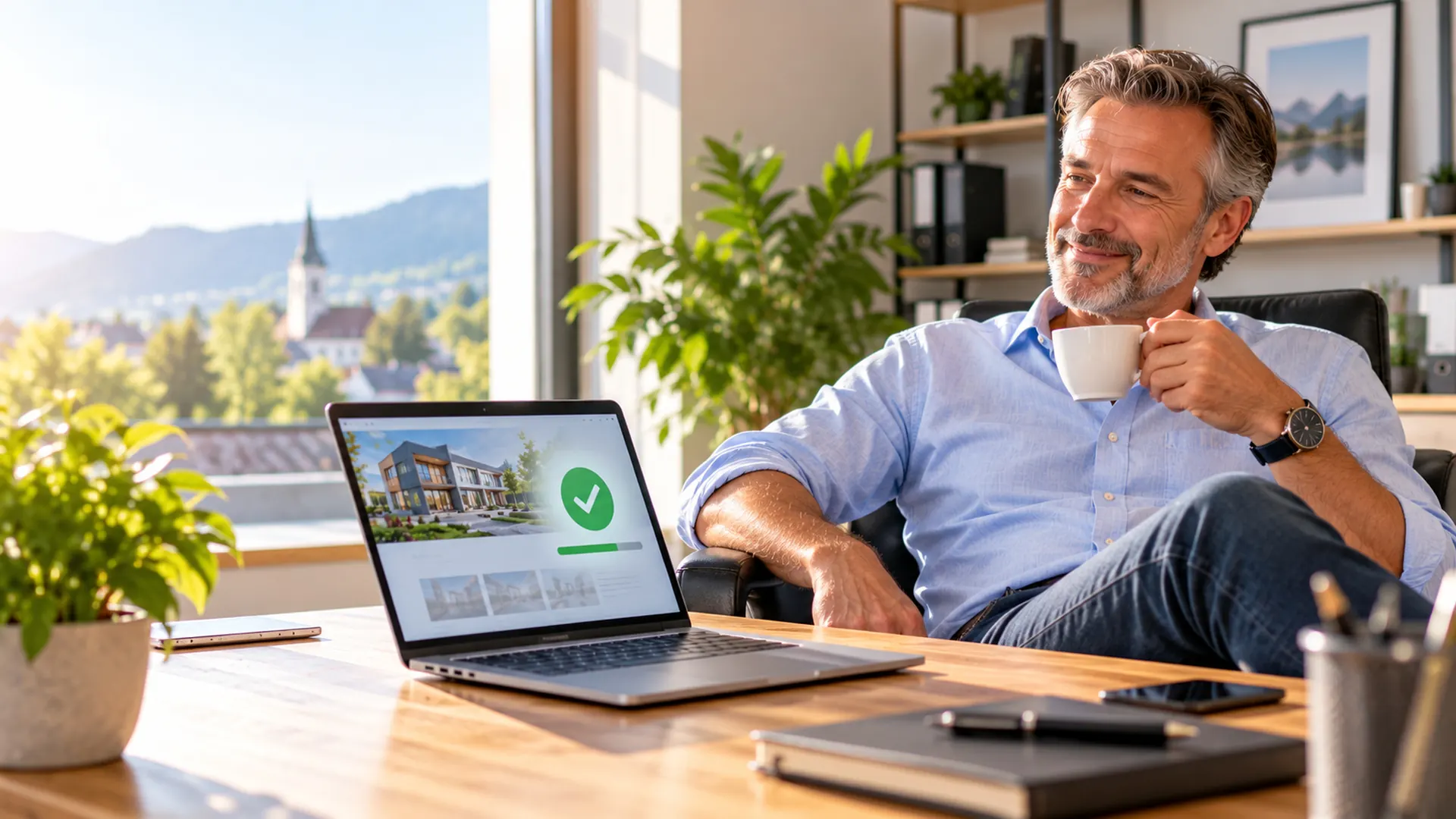 Ein entspannter Unternehmer trinkt Kaffee, am Laptop läuft seine Website