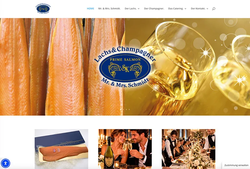 Startseite von lachs-champagner.at mit Räucherlachs, Champagnergläsern und dem Logo „Prime Salmon“