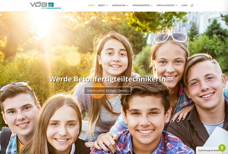 Startseite von lehre.voeb.com mit lachenden Jugendlichen und dem Slogan „Werde BetonfertigteiltechnikerIn“