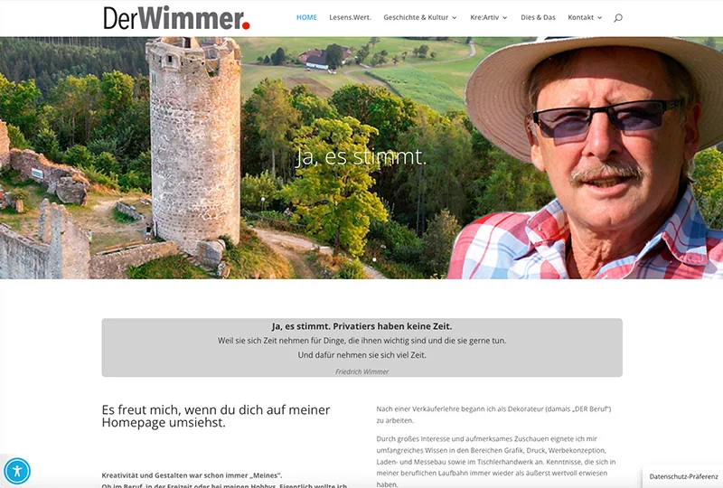 Startseite von wimmer-waxenberg.at mit Burgruine Waxenberg und einem Porträt von Friedrich Wimmer