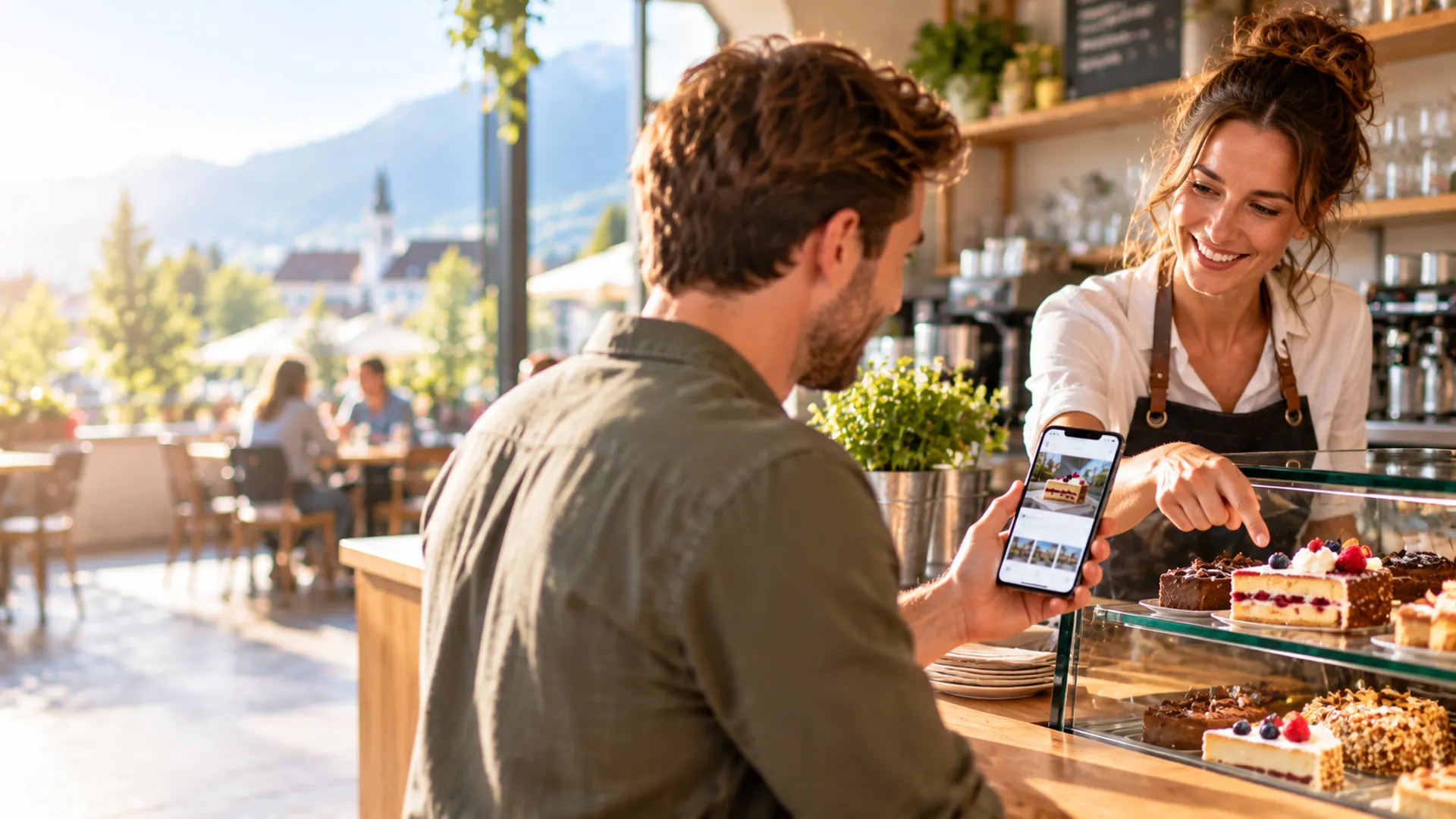 Ein Gast zeigt der Barista am Smartphone den Instagram-Beitrag der Torte, die er bestellen möchte