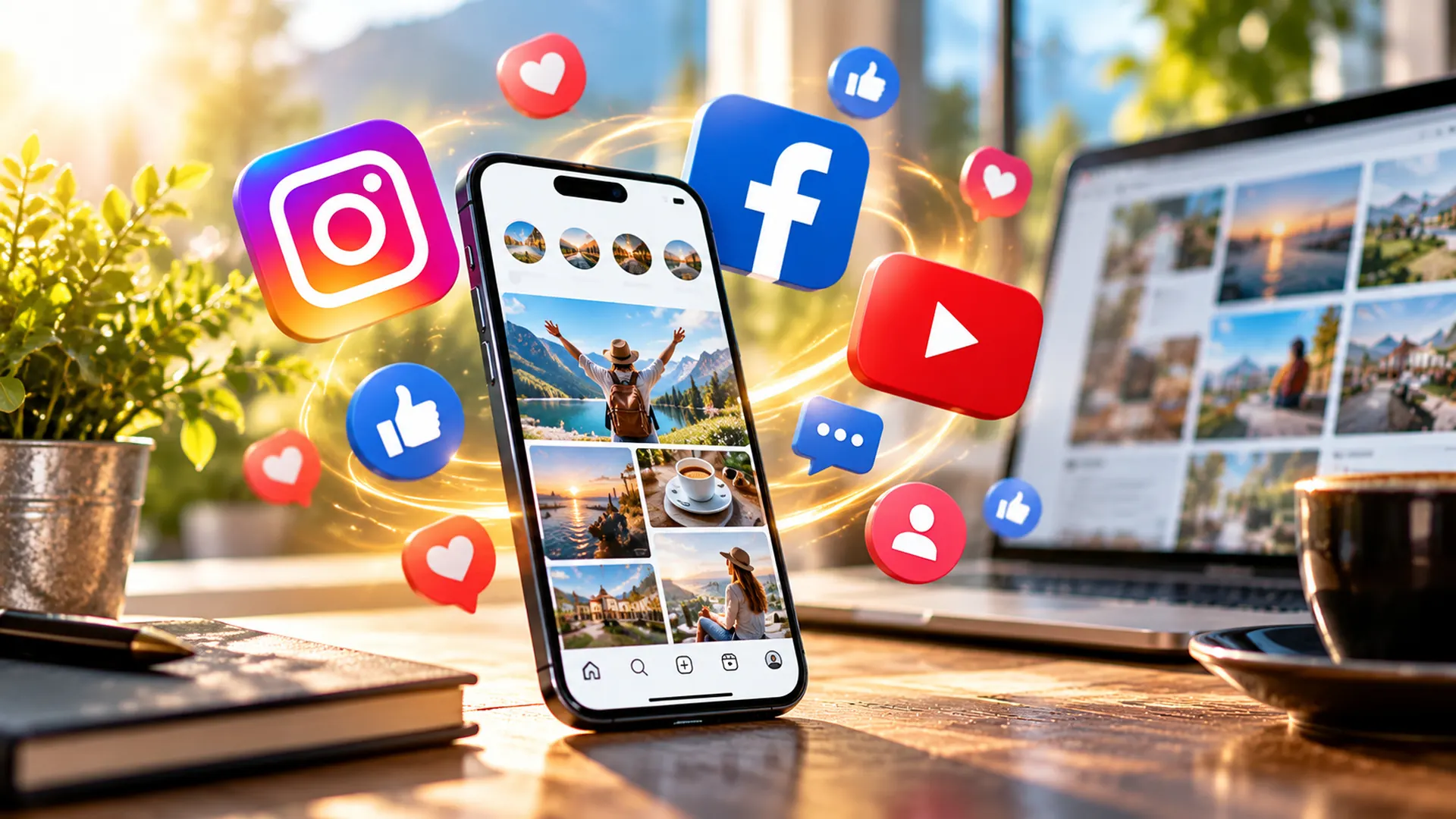 Ein Smartphone mit Social-Media-Beiträgen, umgeben von Symbolen für Instagram, Facebook, YouTube und Likes