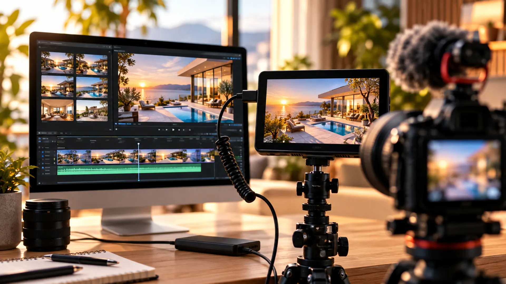 Arbeitsplatz mit Videoschnitt am Bildschirm, daneben eine Kamera auf dem Stativ